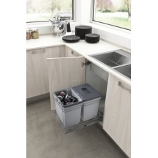Pull Out Waste Bin for Hinged Door Cabinets 2x 15 Litres PET13 For cabinet width min. 400 mm Chrome plated steel bin holder with light grey plastic bins