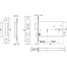 Horizontal 5 Lever Sash Lock Mortice 57 mm Backset Stainless Steel or Brass Latch operated by knobs Backset 57 mm case size 151 mm satin stainless steel