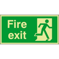 Fire Exit Only Sign Photoluminescent 300 x 200 x 1.3 mm Thick Rigid Plastic Drilled for screw fixing Sign: 'Fire exit' man running right