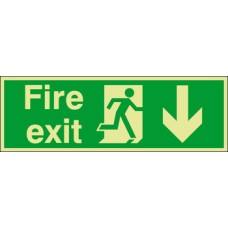 Fire Safety Sign Fire Exit Photoluminescent 600 x 150 mm x 1.3 mm Thick Rigid Plastic Drilled for screw fixing Sign: 'Fire exit' man running with arrow (down)