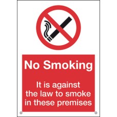 No Smoking Prohibition Sign 148 x 210 mm Rigid Plastic Drilled for screw fixing Sign: 'No Smoking. It is against the law to smoke in these premises'