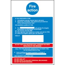 Fire Action Mandatory Sign 300 x 200 mm Rigid Plastic Drilled for screw fixing White/blue/red
