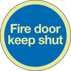 Fire Door Mandatory Sign Photoluminescent Ø 76 mm x 1.3 mm Thick Rigid Plastic Drilled for screw fixing Sign: 'Fire door keep shut'