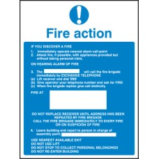 Fire Action Mandatory Sign 300 x 200 mm Rigid Plastic Drilled for screw fixing White/blue