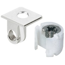 Shelf Connector for Plug Fitting into Ø 5 mm Holes TAB 18 For wood thickness from 19 mm Dim. A 9.5 mm drilling depth X 15.0 mm nickel plated