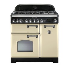 Range Cooker Electric Induction 900 mm Rangemaster Classic Deluxe 90 Black finish brass trim