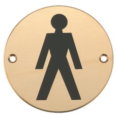 Graphic Sign Ø 76 mm 2 mm Thick Stainless Steel Brass or Aluminium Black silk screened symbol Symbol: Male satin anodised aluminium