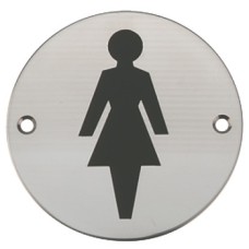 Graphic Sign Ø 76 mm 2 mm Thick Stainless Steel Brass or Aluminium Black silk screened symbol Symbol: Female satin anodised aluminium