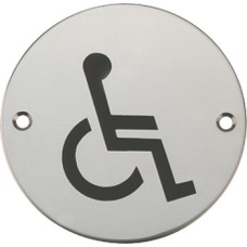 Graphic Sign Ø 76 mm 2 mm Thick Stainless Steel Brass or Aluminium Black silk screened symbol Symbol: Diabled satin anodised aluminium