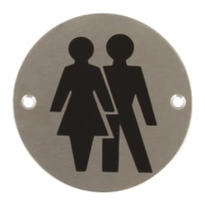 Graphic Sign Ø 76 mm 2 mm Thick Stainless Steel Brass or Aluminium Black silk screened symbol Symbol: Unisex polished anodised aluminium