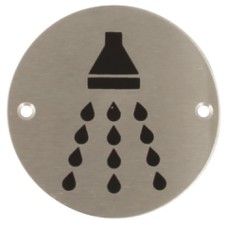 Graphic Sign Ø 76 mm 2 mm Thick Stainless Steel Brass or Aluminium Black silk screened symbol Symbol: Shower polished anodised aluminium