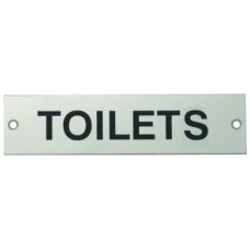Sign 140 x 35 mm Stainless Steel Black silk screened text Sign: TOILETS satin