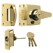 Nightlatch High Security BS 3621 Key from Outside Key Lockable Lever Handle from Inside Narrow stile case polished brass case/cylinder finish