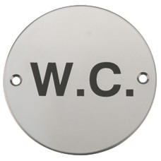 Graphic Sign Ø 76 mm 2 mm Thick Stainless Steel Brass or Aluminium Black silk screened symbol Symbol: W.C. polished anodised aluminium