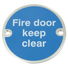 Fire Door Mandatory Sign Ø 76 x 1.5 mm Thick Stainless Steel Aluminium or Brass White on blue silk screened Sign: 'Fire door keep clear' polished anodised aluminium
