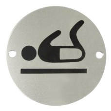 Graphic Sign Ø 76 mm 2 mm Thick Stainless Steel Brass or Aluminium Black silk screened symbol Symbol: Baby change satin stainless steel