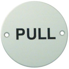 Graphic Sign Ø 76 mm 2 mm Thick Stainless Steel Black silk screened text Symbol: Pull satin stainless steel