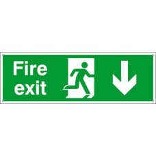 Standard Fire Sign Fire Exit 600 x 200 mm Rigid Plastic Drilled for screw fixing Sign: 'Fire Exit' man running with arrow (down)
