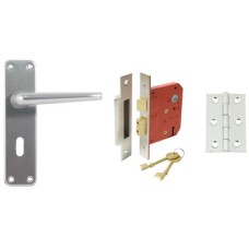 Lever Handles Lock Pack Aluminium Consisting of handle lock and hinges Handle: Satin