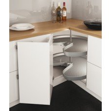 Carousel Set Grey Plastic with Railing Three Quarter Circle for Corner Unit Ninka Pro Arc® Suitable for 800 x 800 mm or 900 x 900 mm corner cabinets Spindle height 667-713 mm for cabinet width 800/900 mm aluminium effect rail