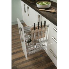 Pull Out Storage Unit Multi-Purpose for Cabinet Width 300 mm Soft Closing Runners Includes beech chopping board and knife holder hooks and holders Left hand