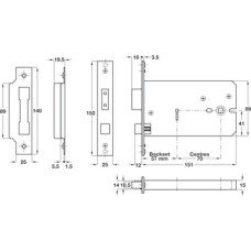 Horizontal 5 Lever Sash Lock Mortice 57 mm Backset Stainless Steel or Brass Latch operated by knobs Backset 57 mm case size 151 mm satin stainless steel
