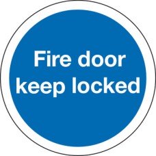 Fire Door Mandatory Sign 1 mm Thick Rigid Plastic Ø 76 mm self adhesive fixing sign: 'Fire door keep locked'