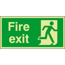 Fire Exit Only Sign Photoluminescent 300 x 200 x 1.3 mm Thick Rigid Plastic Drilled for screw fixing Sign: 'Fire exit' man running right