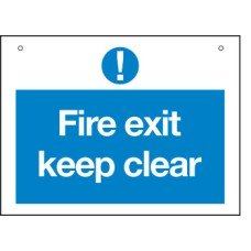 Fire Escape/Exit Mandatory Sign 1 mm Thick Rigid Plastic Drilled for screw fixing 200 x 150 mm Sign: 'Fire exit keep clear'