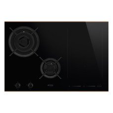 Hob Mixed Fuel with Gas Burners and Induction Multizone 750 mm Smeg Dolce Stil Novo PM6721WLDR - Eclipse black glass with copper trim