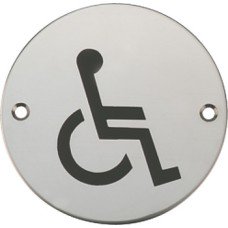 Graphic Sign Ø 76 mm 2 mm Thick Stainless Steel Brass or Aluminium Black silk screened symbol Symbol: Disabled polished anodised aluminium