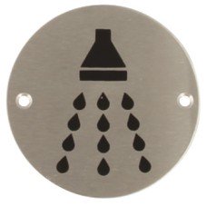 Graphic Sign Ø 76 mm 2 mm Thick Stainless Steel Brass or Aluminium Black silk screened symbol Symbol: Shower polished anodised aluminium