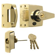 Nightlatch High Security BS 3621 Key from Outside Key Lockable Lever Handle from Inside Narrow stile case polished brass case/cylinder finish