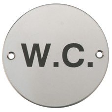 Graphic Sign Ø 76 mm 2 mm Thick Stainless Steel Brass or Aluminium Black silk screened symbol Symbol: W.C. polished stainless steel
