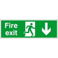 Standard Fire Sign Fire Exit 600 x 200 mm Rigid Plastic Drilled for screw fixing Sign: 'Fire Exit' man running with arrow (down)