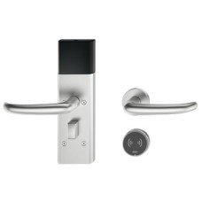 Door Terminal Set for Hotel Guest Room Doors DT 710 Dialock J-shaped lever handle satin stainless steel