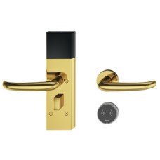 Door Terminal Set for Hotel Guest Room Doors DT 710 Dialock J-shaped lever handle brass coloured stainless steel