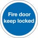 Fire Door Mandatory Sign 1 mm Thick Rigid Plastic Ø 76 mm self adhesive fixing sign: 'Fire door keep locked'