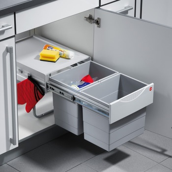 Pull Out Waste Bin 2x 18 and 4x 10 Liters Hailo Space Saving Tandem For cabinet width min. 400 mm 2x 18 litres installation height 326 mm