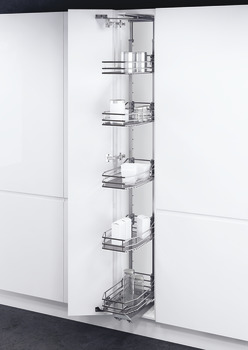 please look Centre mounting height adjustable For cabinet width 300 mm basket width 230 mm installed height 1700-1950 mm 5 baskets included