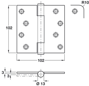 Butt Hinge Concealed Bearing 3 Knuckle Fixed Pin 102 x 102 mm Stainless Steel Staggered hole pattern Square corners satin - view 2