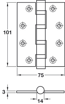 Butt Hinge Ball Bearing 101 x 75 mm Brass ANSI hole pattern (template drilled) Polished - view 2
