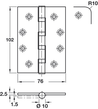 Butt Hinge 102 x 76 mm 304 Stainless Steel Phoenix Slimline ANSI hole pattern Square corners satin - view 2