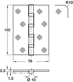 Butt Hinge 102 x 76 mm 304 Stainless Steel Phoenix Slimline Grade 13 BS EN 1935 Square corners satin stainless steel - view 2