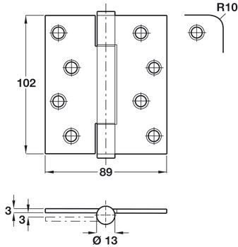 Butt Hinge Concealed Bearing 3 Knuckle Fixed Pin 102 x 89 mm Stainless Steel Staggered hole pattern Square corners satin - view 2