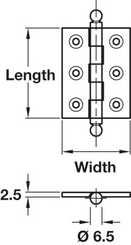 Butt Hinge Ball Finial Brass Unwashered Length x width: 50 x 38 mm polished chrome - view 2