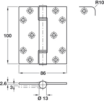 Butt Hinge 3 Knuckle 100 x 86 mm Stainless Steel Hi-Load Staggered hole pattern Satin - view 2