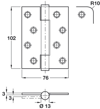 Butt Hinge Concealed Bearing 3 Knuckle Fixed Pin 102 x 76 mm Stainless Steel Staggered hole pattern Radius corners polished - view 2