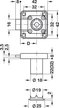 Dead bolt rim lock With fixed plate cylinder backset 25 mm Standard profile for series production of furniture Keyed different cylinder length 22 mm mounting: Right hand - view 2