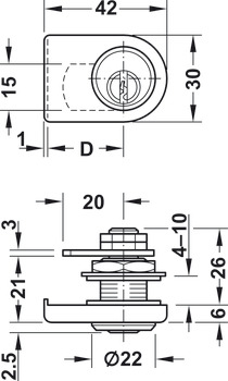 Glass Door Cylinder Lever Lock with Nut Attachment for Glass Panels from 4-10 mm With straight locking cam Closure direction 90° B (C E H)  keyed to differ polished nickel plated - view 2